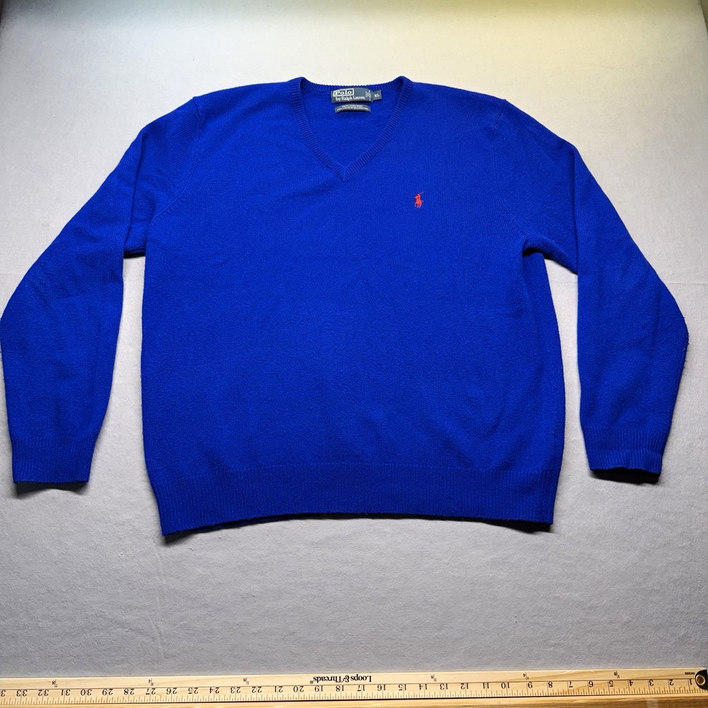 Polo by Ralph Lauren Men's Blue V-Neck 100% Lambs Wool Knit Sweater XL